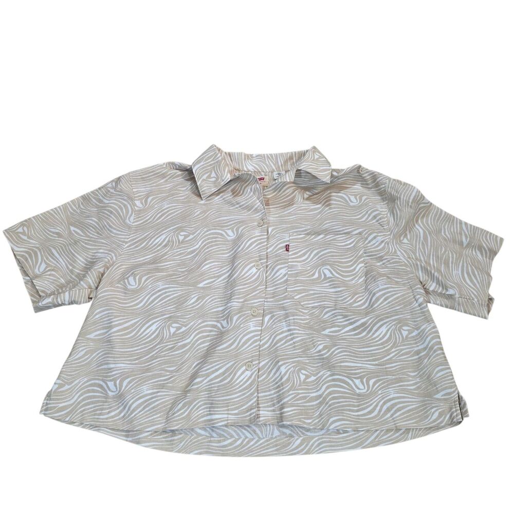 Levi’s Women 2X Plus Linen Blend Short Sleeve Button Front Shirt Tan Swirl Boho